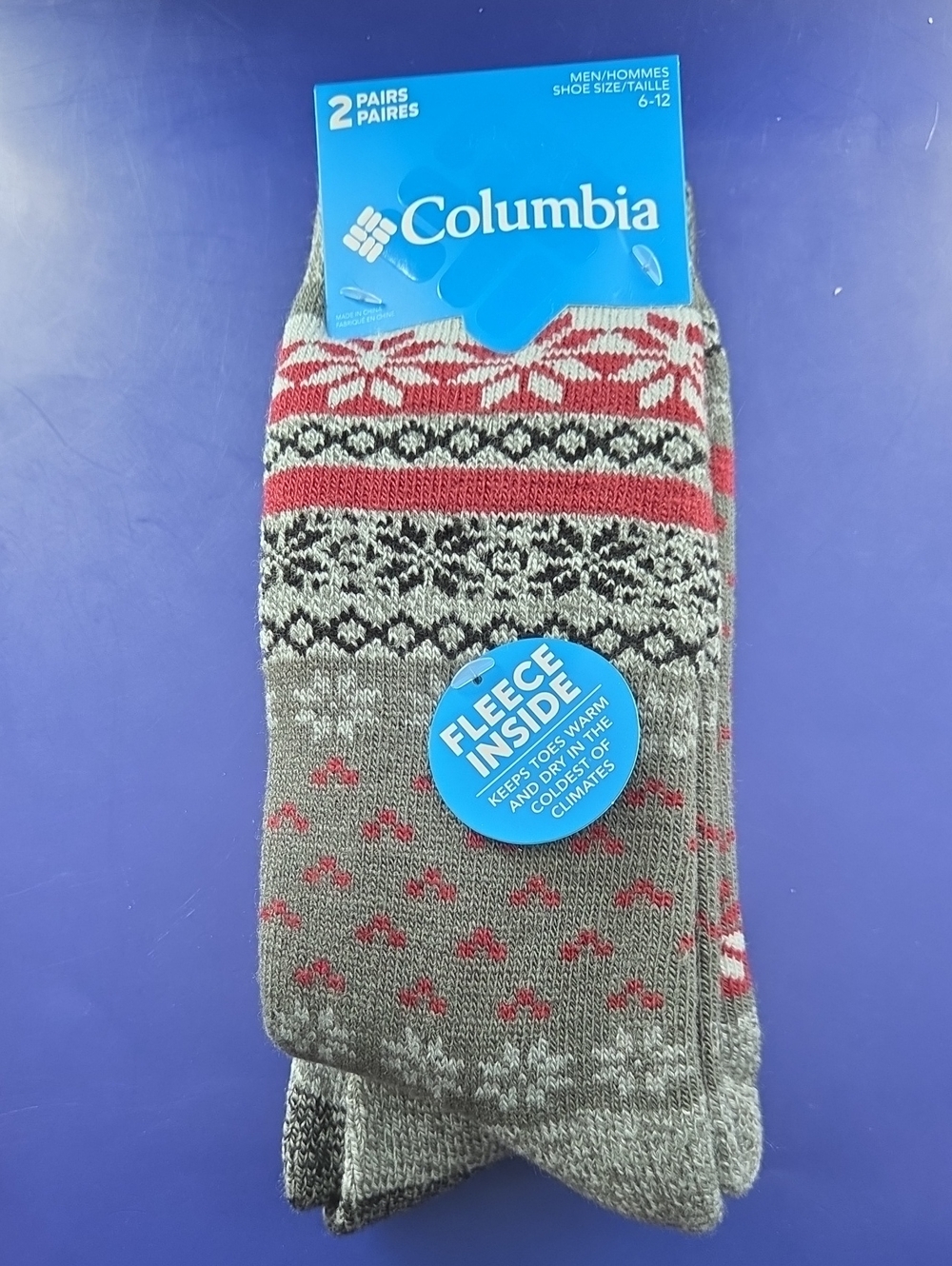 Columbia Men's Fleece-Lined Gray & Red Patterned Socks 2 Pairs